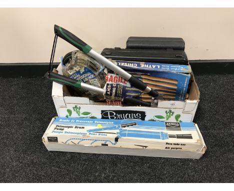 A box of cased power tools including heat gun, precision tool together with a boxed telescopic drum pump, professional air ho
