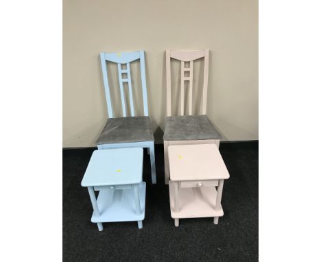 A pair of painted high back dining chairs together with a pair of painted lamp tables