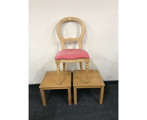 A pine balloon back chair together with a pair of teak lamp tables