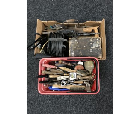 Two boxes of hand tools, extension lead, hand saws etc 