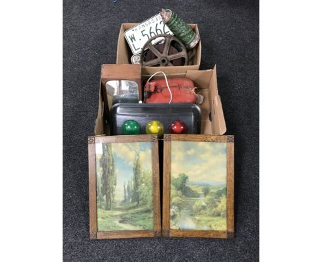 Two boxes containing a vintage metal wheel, oil can, traffic light box, desk stand, coffee grinder, together with a mannequin