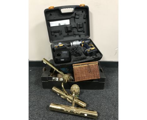 A box of wicker sewing box, brass picture lights, un-tested power tools etc 