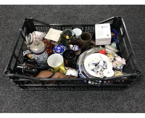 A box containing assorted plates, chins, beer steins, Prinz camera etc