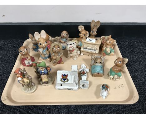 A tray of Pendelfin rabbits, Goebel figures, crested china etc