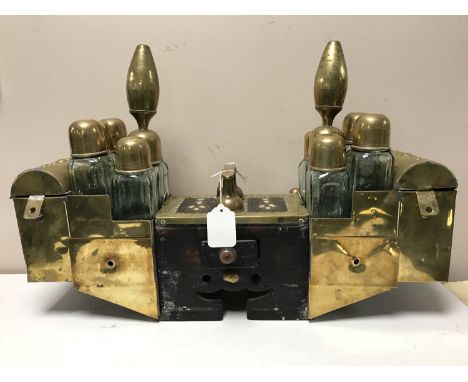 An inlaid hardwood and brass Turkish barber's caddy 
