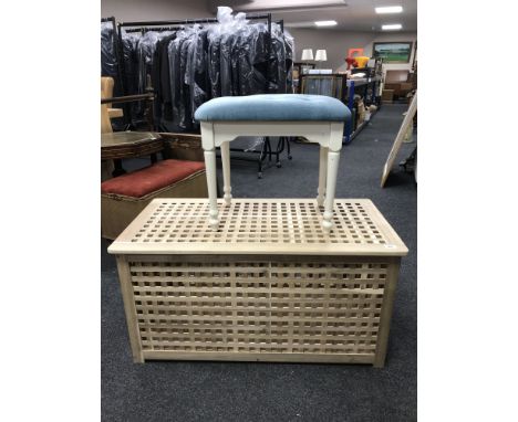 A pine storage box together with a blue dralon upholstered dressing table stool 