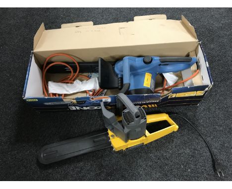 A boxed workzone electric chainsaw together with a dynamac electric chainsaw (no lead)