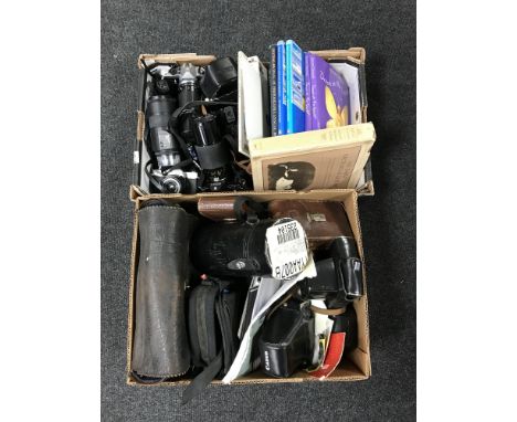 Two boxes of assorted camera, equipment and camera books