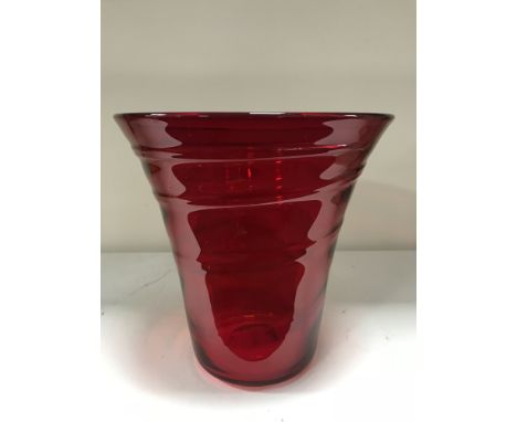 A large Whitefriars glass ribbon trailed trumpet vase, ruby red, pattern 8886