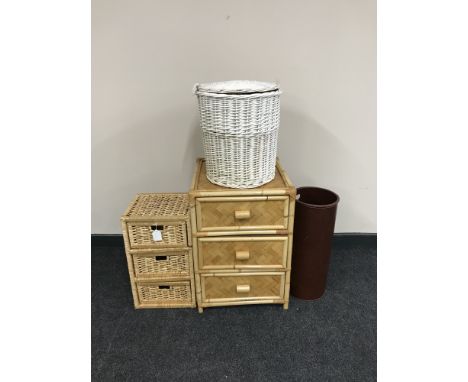 A bamboo three drawer chest together with a wicker bathroom chest, wicker lidded box, leather stick stand etc