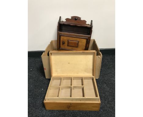 Two gilt wall shelves together with a mahogany wall cabinet, sewing box and pine caddy 