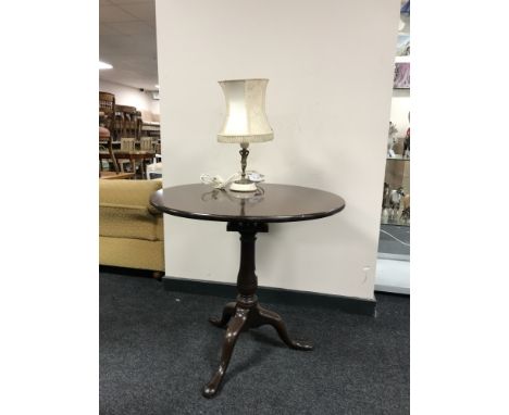 A Victorian mahogany circular pedestal occasional table and gilt metal figural table lamp on marble base 