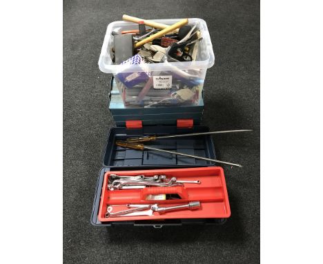A box of hand tools, together with two tool boxes containing tools 
