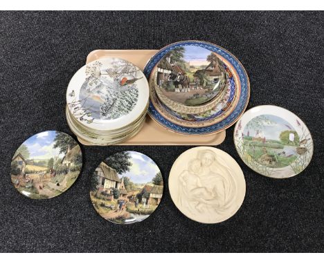 A tray of collector's plates, religious wall plaques, set of twelve Royal Worcester Peter Barett plates depicting English cou