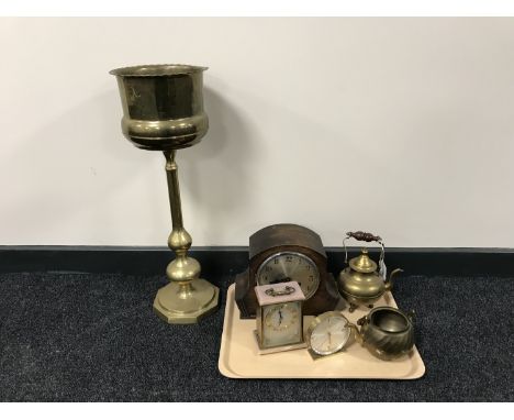A brass jardiniere on stand together with brass teapots, oak cased mantel clock etc 
