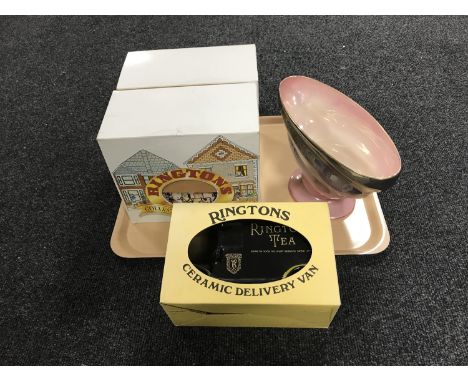 Two boxed Ringtons collector's teapots together with a ceramic delivery van and Maling pink lustre vase 