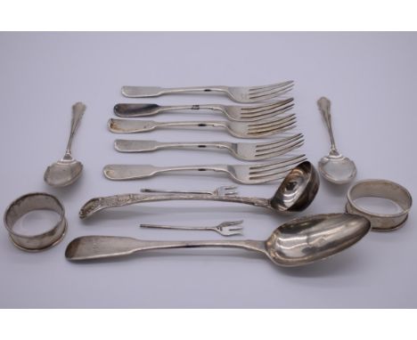 A quantity of Georgian and later silver flatware to include,&nbsp;a fiddle pattern serving spoon, by&nbsp;Peter &amp; William