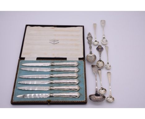 A cased set of six silver Dubarry pattern tea knives, by R F Mosley &amp; Co, Sheffield 1925; together with various silver sp