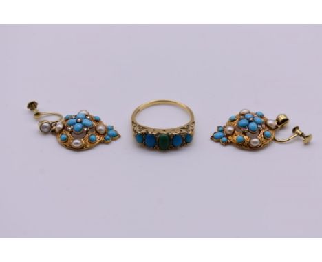 A turquoise gypsy set gold ring, hallmarked 375, 4.9g total weight; together with a pair of unmarked Victorian turquoise, dia