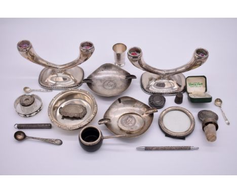 A selection of various silver and silver mounted items, to include,&nbsp;a pair of Celtic bottle holders, by Reid &amp; Sons 