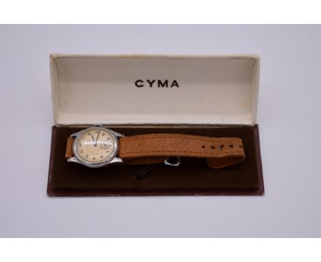 A 1950s Cyma 'Shock Absorber' stainless steel manual wind wristwatch, 34mm, on brown leather strap, with box. 