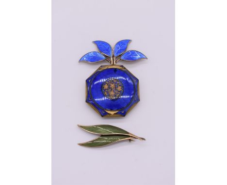 A vintage Norwegian silver and blue enamel leaf brooch, by David Anderson,&nbsp;6.5cm wide; together with a green example, by