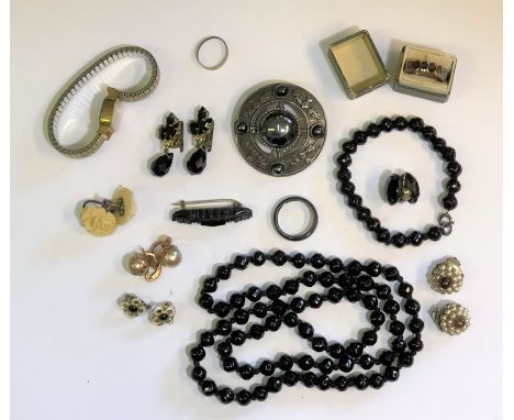 A Victorian suite of mourning jewellery including necklace, bracelet, earrings, ring and brooch to/w Victorian style Celtic b