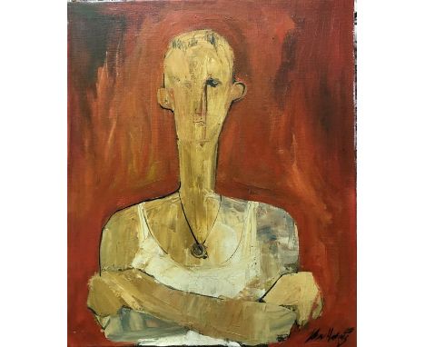 John Hardy? - Portrait of a Soldier, in the manner of Modigliani, oil on canvas, signed lower right, 60 x 50 cmGood condition