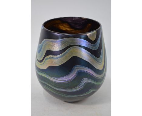 Norman Stuart Clarke (St Ives), a hollow glass studio vase with lustrous and amethyst freeform banded overlays, reminiscent o