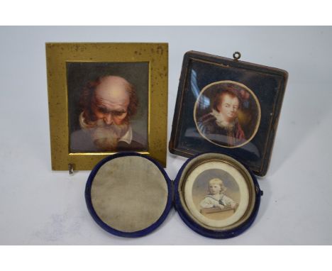 A 19th century circular portrait miniature on ivory of a Tudor gentleman, 6 cm diam approx to/w a fine quality continental mi