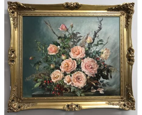 Thomas G. Hill (British 20th century) oil on canvas painting of flowers 50cm h x 60cm w. 