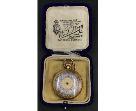 Continental 18ct gold pocket watch, enamel face, winds and ticks, vacant cartouche to back. 
