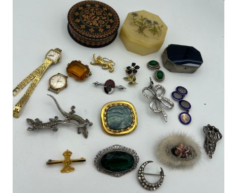 A quantity of costume jewellery and boxes to include Rotary and Tissot ladies' wristwatches, crescent brooch marked 900, ster