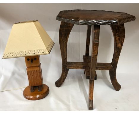 A tall wooden four legged stool with carved top 45cm h along with an oak owl lamp and shade 42cm h. 