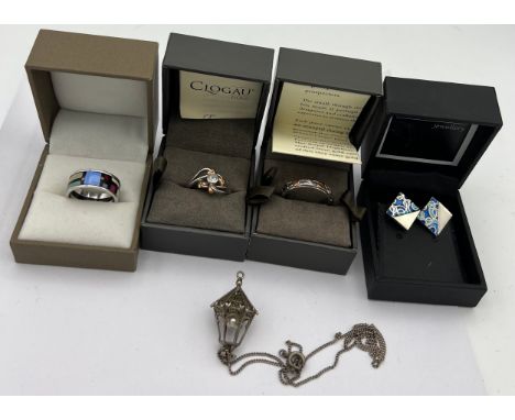 Jewellery to include two Clogau gold and silver rings, Freywille enamel ring, Ortak earrings and lantern pendant and chain. 