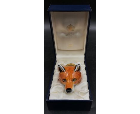 Halcyon Days enamel box, fox head stirrup cup, inspired by a Derby porcelain original from the 1820's, in fitted box. 