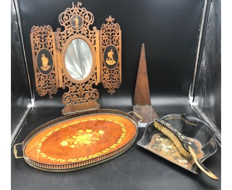 Wooden items to include Sorento mirror with opening doors, dustpan and brush and inlaid tray. 