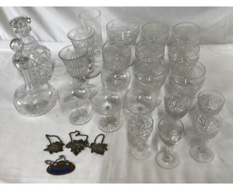 A selection of glass to include two decanters largest 24cm h and 20 various glasses, some etched, largest 18cm h, largest dia