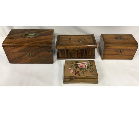 Collection of four wooden boxes to include 19thC box with brass handle and cushioned inner lid with key 25.5 x 17.5 x 14cm h,