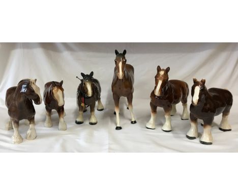 A collection of ceramic horses - five shire horses and one Melba race horse. 