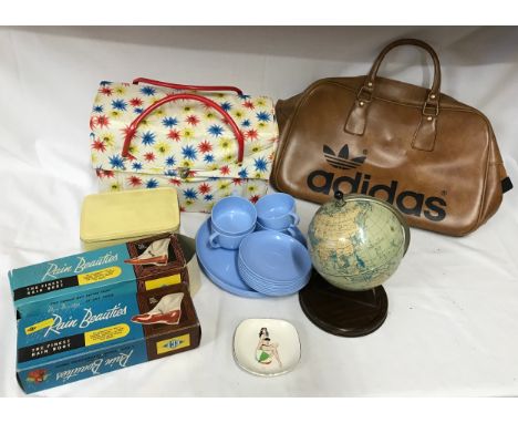 Vintage collection of Adidas carry bag, Picnic Set in plastic holdall, a Chad Valley tinplate globe circa 1948 and 2 boxes co