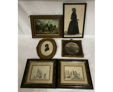 Small print of men fishing in a round mount, oblong print of street scene with a donkey being ridden by a lady, oval silhouet