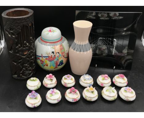 A miscellany to include 12 x Royal Albert lidded trinket dishes, a Hornsea Pottery vase, a 20thC ginger jar, vintage square g