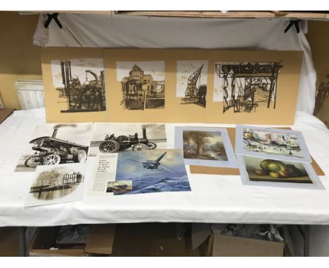 Five industrial pen drawings on card 42cm h x 51cm w, three original oil paintings on canvas 20cm h x 25cm w, four photograph