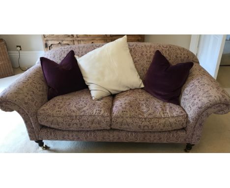 Two sofas and a matching armchair in a light coloured patterned moquette one sofa 223 the other 196 x 95 x 85cm, height to se