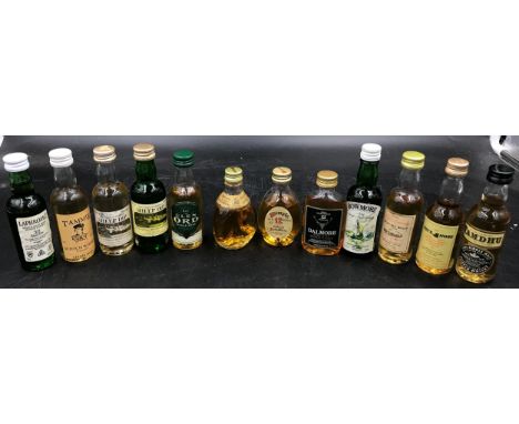 Twelve bottles of 5cl whiskey to include a rare miniature bottle of Sherriff's Bowmore, 2 dimple old blend Scotch Whisky, Gle
