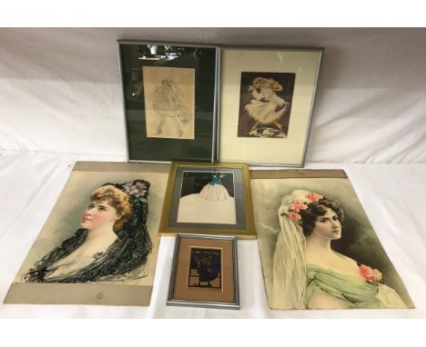 A collection of prints and drawings of women to include two pencil drawings one of which is water coloured, two prints from a