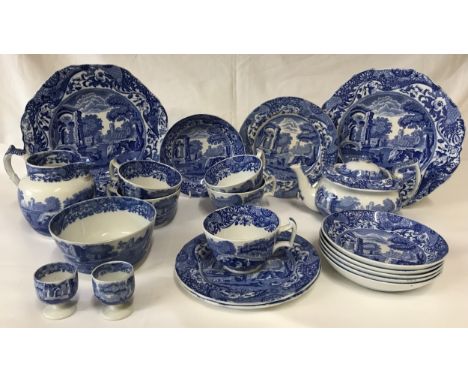 A quantity of Spode ceramics to include cups x5, tea pot, sugar basin, egg cups x2, dinner plates x2, small bowls x6, milk ju