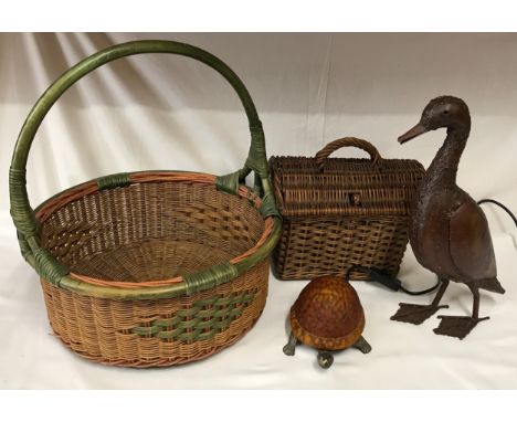 Miscellany of 20thC items to include metal and glass tortoise light, metal duck 42cm h together with two vintage baskets larg