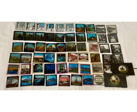 A quantity of magic lantern slides, subjects to include clowns, ships, and two moving slides. 